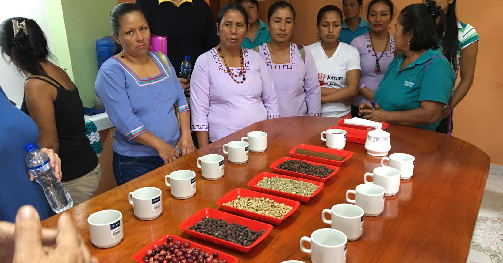 Coffee tasting with the group from Coffeelands. In the center of the table are the steps of coffee production: ripe cherries off the trees, dried cherries, hulled beans, dried and fermented beans, roasted, and finally ground coffee.