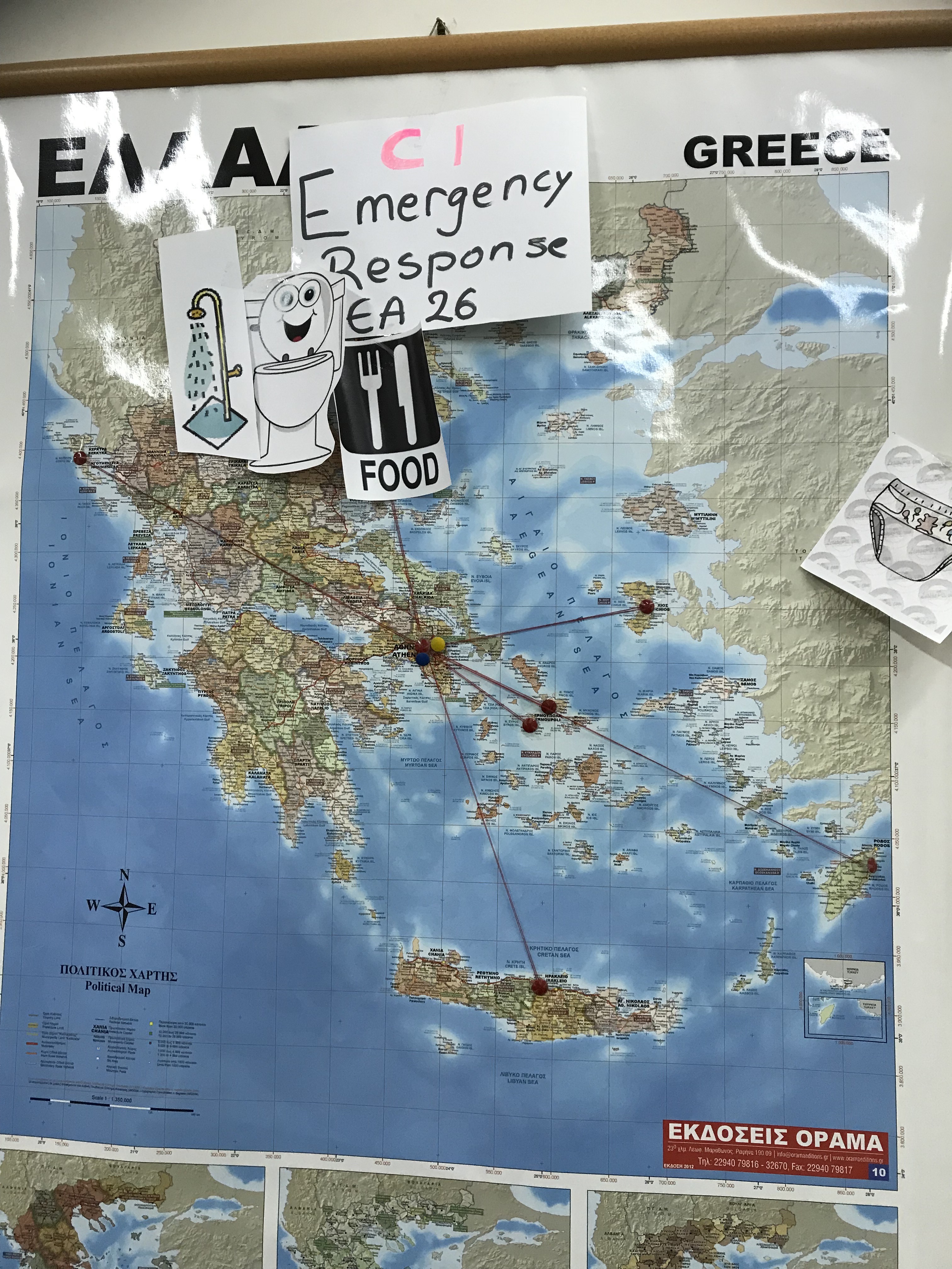 A map of Greece with pins showing the refugee camps.